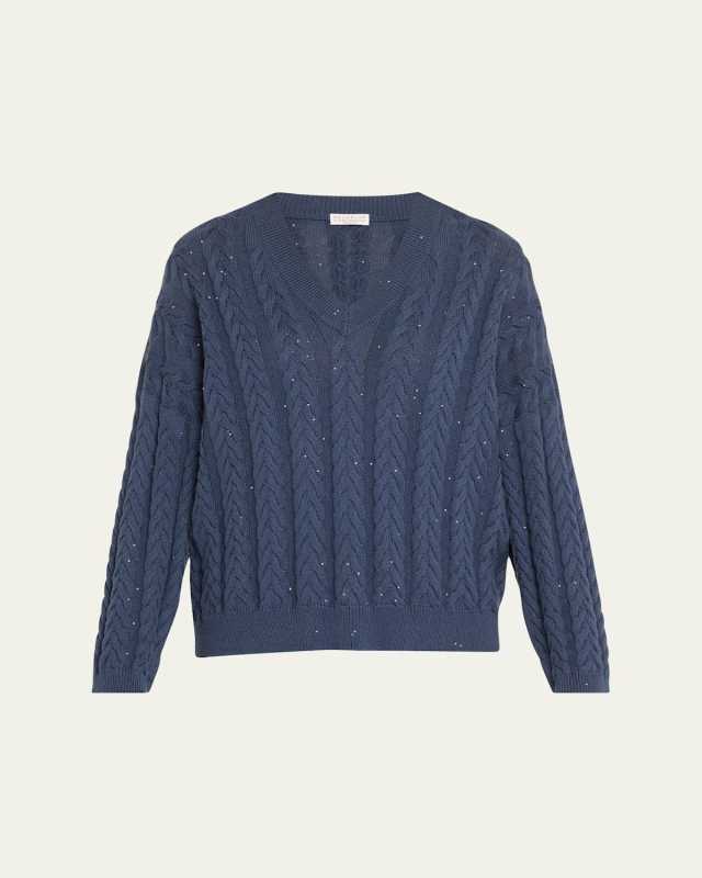 Cotton Double Cable-Knit V-Neck Sweater With Micro Pailettes